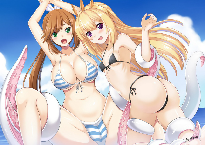 2girls armpits arms_up ass bikini black_bikini blonde_hair blush breasts brown_hair cagliostro_(granblue_fantasy) clarisse_(granblue_fantasy) cleavage cloud commentary_request covered_nipples day front-tie_bikini front-tie_top granblue_fantasy green_eyes hair_ribbon hairband imminent_rape large_breasts long_hair multiple_girls navel ocean open_mouth ponytail purple_eyes ribbon side-tie_bikini signature sky small_breasts spread_legs stomach striped striped_bikini swimsuit tears tentacles the-sinner tied_hair white_ribbon