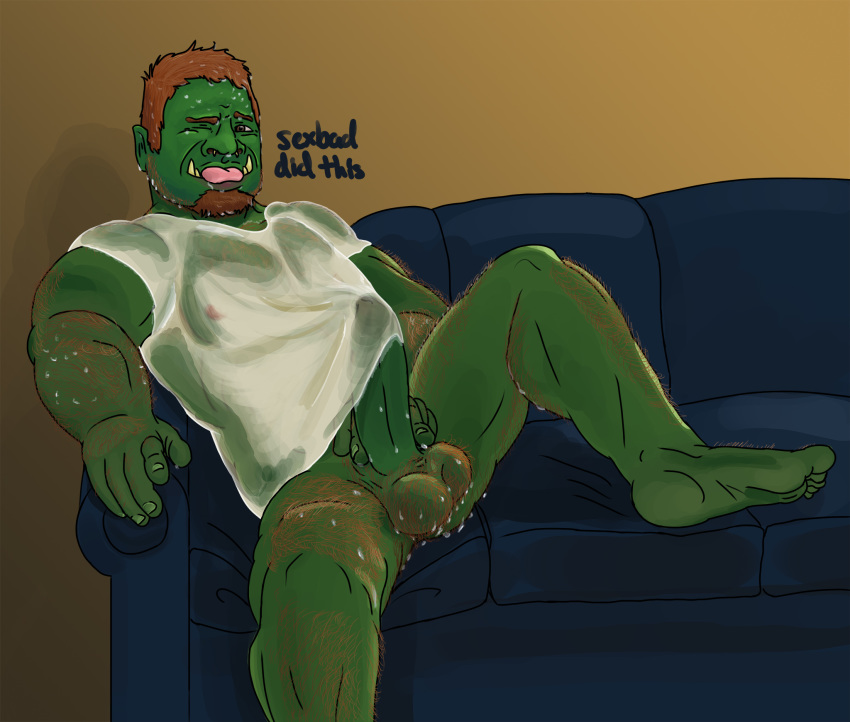 2016 balls big_balls big_penis brown_eyes clothing erection facial_hair facial_piercing feet goatee green_skin hair hairy happy_orc humanoid humanoid_penis long_foreskin looking_at_viewer male male_only muscular nipples nose_piercing one_eye_closed orc orc_male penis piercing pointing_at_viewer pubes reclining red_hair septum_piercing sexbad shaded shirt short_hair smile sofa solo solo_male stubble t-shirt tongue tusks uncut wet wet_shirt white_shirt wink