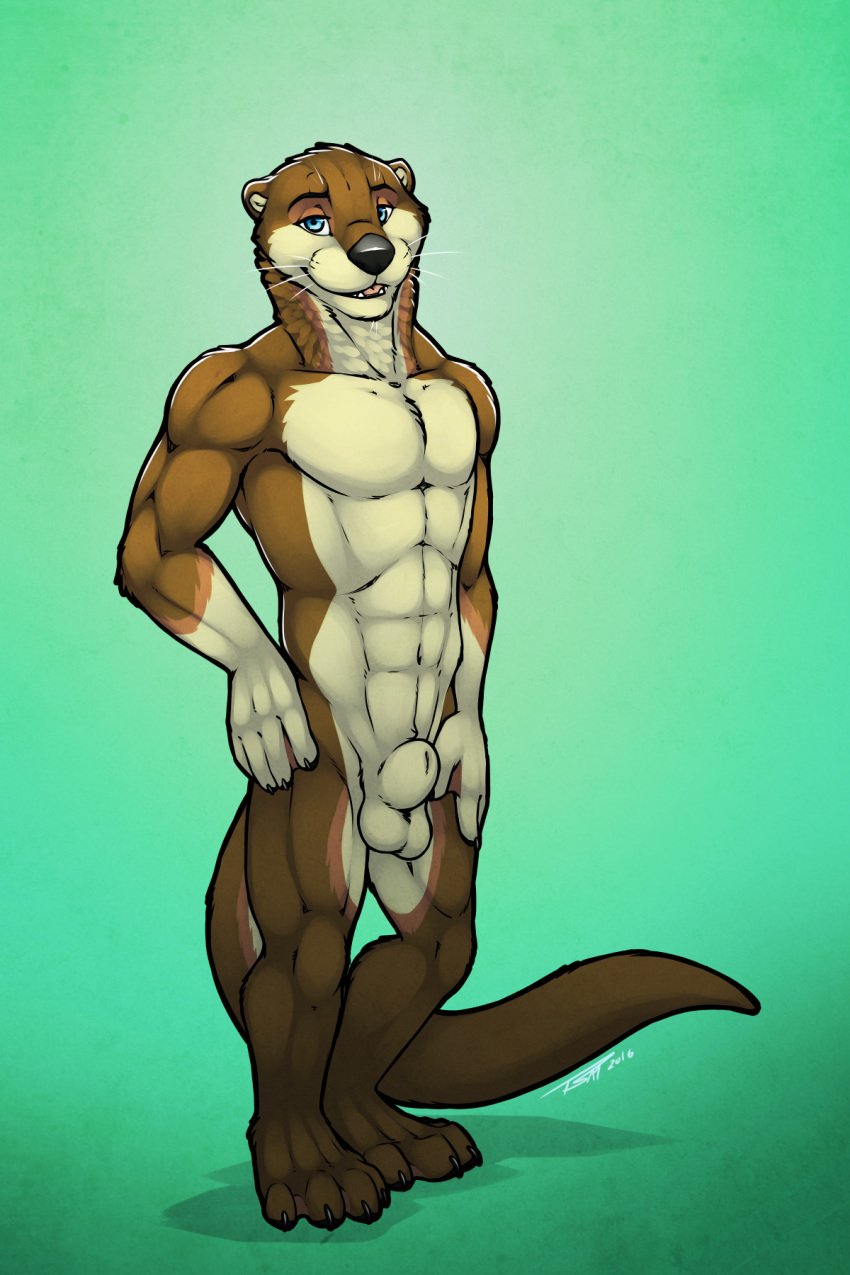 abstract_background animal_genitalia balls brown_fur exile fur male male_only mammal muscular mustelid nude otter pinup pose sheath solo tan_fur tsaiwolf