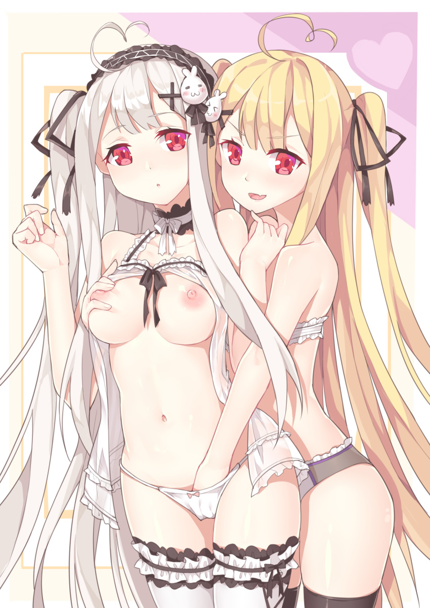 2girls absurdres ahoge black_legwear black_panties blonde_hair breast_grab breasts camisole camisole_lift cute_fang fingering grabbing grabbing_from_behind hair hand_in_another's_panties hand_in_panties highres long_hair multiple_girls navel niliu_chahui nipples open_mouth original panties red_eyes silver_hair smile thighhighs tied_hair tokisaki_asaba tokisaki_mio twintails two_side_up underwear underwear_only very_long_hair white_legwear white_panties yuri 逆流茶会