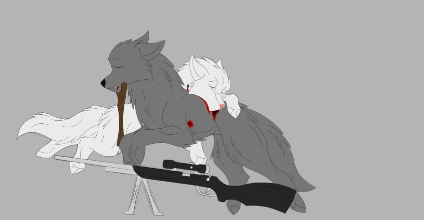 2016 blood canine closed_eyes corpse death female fur grey_fur gun hunting male mammal pink_nose ranged_weapon rifle romantic_couple simple_background tears weapon white_fur wolf