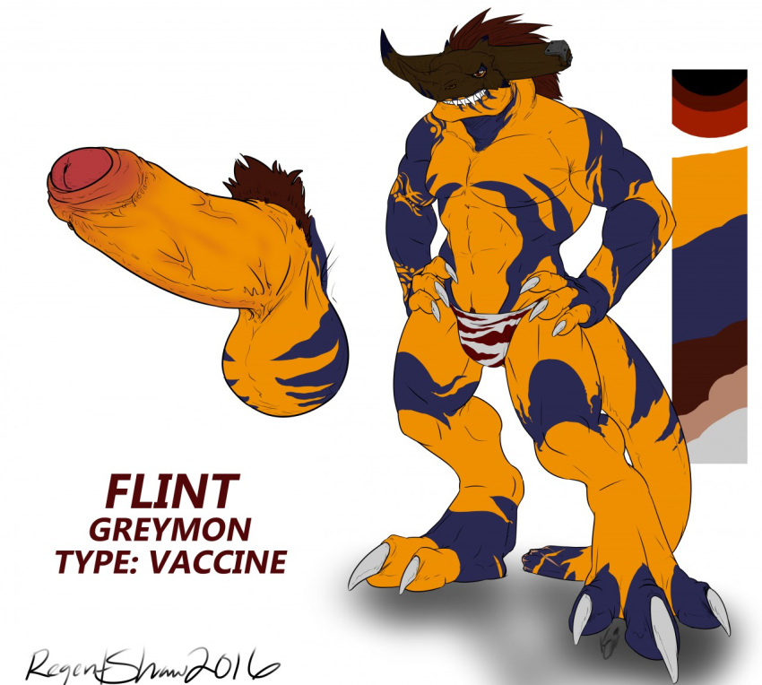 1boy anthro anthrofied balls broken_horn bulge ceratosaur ceratosaurid ceratosaurus close-up clothing color_swatch digitigrade dinosaur english_text erection flat_colors full-length_portrait greymon grin hands_on_hips horn humanoid_penis male male_only model_sheet penis pinup portrait pose pubes regentshaw sharp_teeth signature solo standing tattoo teeth text thong uncut vein veiny_penis