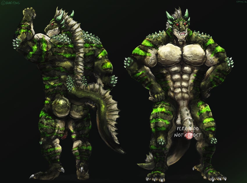 aokmaidu back_view barbed_penis barbs censored demon flaccid front_view horns lizard male_only monster penis scalie standing unktehila