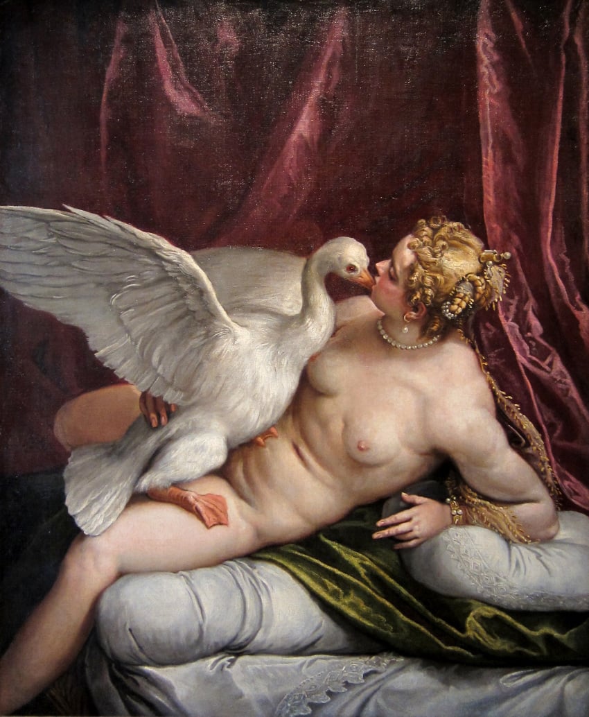 1585 avian bird breasts detailed_background duo feathers female female_on_feral feral fine_art greek_mythology human human_on_feral inside interspecies leda leda_and_the_swan mammal mythology nipples nude paolo_veronese rapist rapist_real sex size_difference slightly_chubby swan tail_feathers traditional_media_(artwork) white_feathers zeus zoophilia