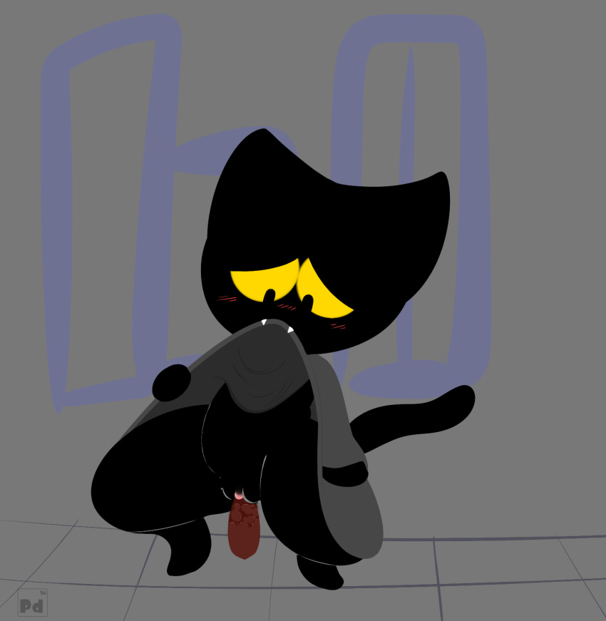 2016 anthro black_fur blush bottomless cloak clothed clothing crouching feline feline female fur google halloween holidays mammal momo_(google) penetration puffdraws pussy sex_toy simple_background solo vaginal_penetration vaginal_penetration video_games yellow_eyes yellow_sclera