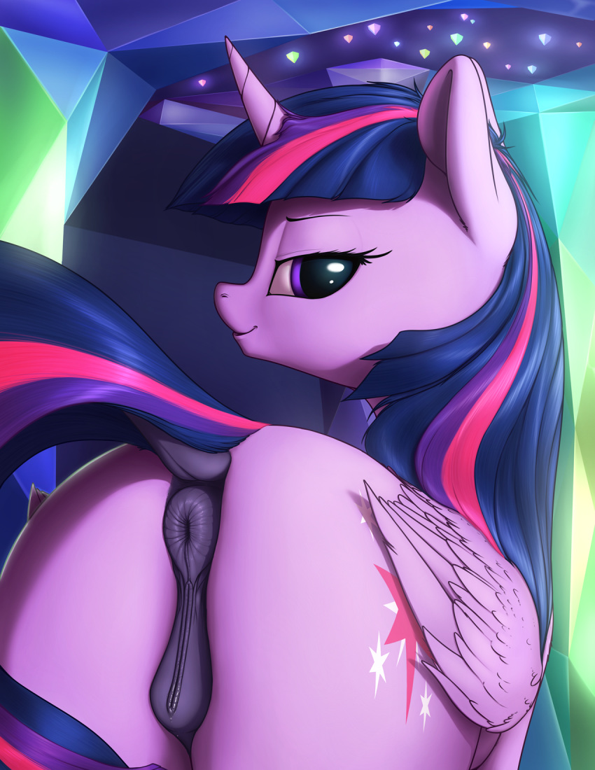 2016 alicorn anatomically_correct anatomically_correct_pussy animal_genitalia animal_pussy anus ass cutie_mark dock equine equine_pussy feathered_wings feathers female feral friendship_is_magic hair half-closed_eyes hi_res horn looking_at_viewer mammal my_little_pony purple_feathers pussy rear_view shydale solo twilight_sparkle_(mlp) wings