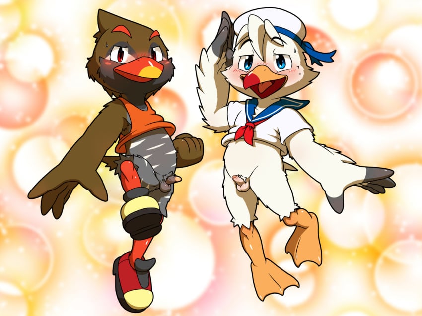 alternate_version_available anthro avian balls barefoot beak bird blush bottomless clothed clothing duo embarrassed erection fist half-closed_eyes humanoid_penis kuinari_yamahara looking_at_viewer male nakayan one_leg_up open_mouth partially_retracted_foreskin penis pubes rail_(bird) sailor_uniform salute seagull shirt simple_background small_penis sneakers suihei_kamomeno sweat sweatdrop tank_top tapering_penis textured_background uncut