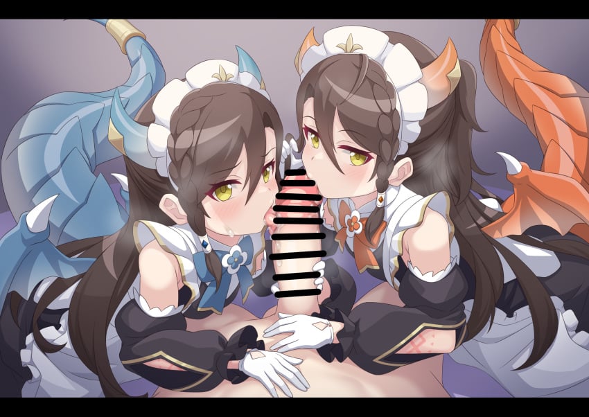 2girls absurdres apron bar_censor black_dress black_sleeves blue_bow blue_bowtie blue_horns blue_tail blue_wings bow bowtie braid censored clothed_female_nude_male cooperative_fellatio detached_sleeves dragon_girl dragon_horns dragon_tail dragon_wings dress erection fellatio ffm_threesome gloves group_sex highres horns large_penis licking licking_penis lind_(princess_connect!) long_hair looking_at_viewer maid maid_apron maid_headdress miyamori727 multiple_girls nude one_side_up oral penis precum princess_connect! puffy_sleeves red_bow red_bowtie red_wings shimaidon_(sex) siblings sisters straight tail teamwork_(sexual) threesome tongue tongue_out twins white_apron white_gloves wings wurm_(princess_connect!) yellow_eyes