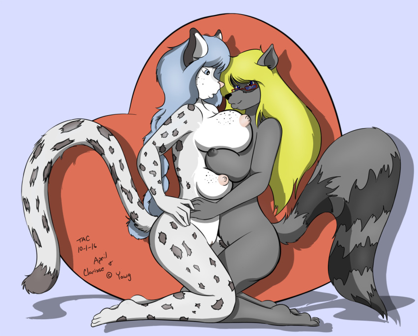 2016 anthro april_(yawg) big_breasts blonde_hair blue_eyes blue_hair breast_size_difference breasts breasts_frottage clarisse_(yawg) dipstick_tail duo eyewear feline female freckles fur furry glasses hand_on_hip heart highres kneeling leopard long_hair mammal multi_breast multicolored_tail nipples nude pussy raccoon ringed_tail sailoranna snow_leopard spots spotted_fur yuri