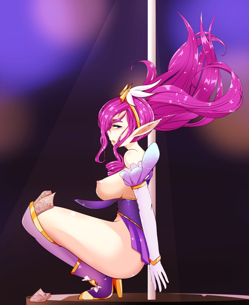 boots breasts elbow_gloves gloves highres janna_windforce league_of_legends long_hair money nipples padark pointy_ears pole_dancing profile prostitution star_guardian star_guardian_janna star_guardian_series wangchuan_de_quanyan