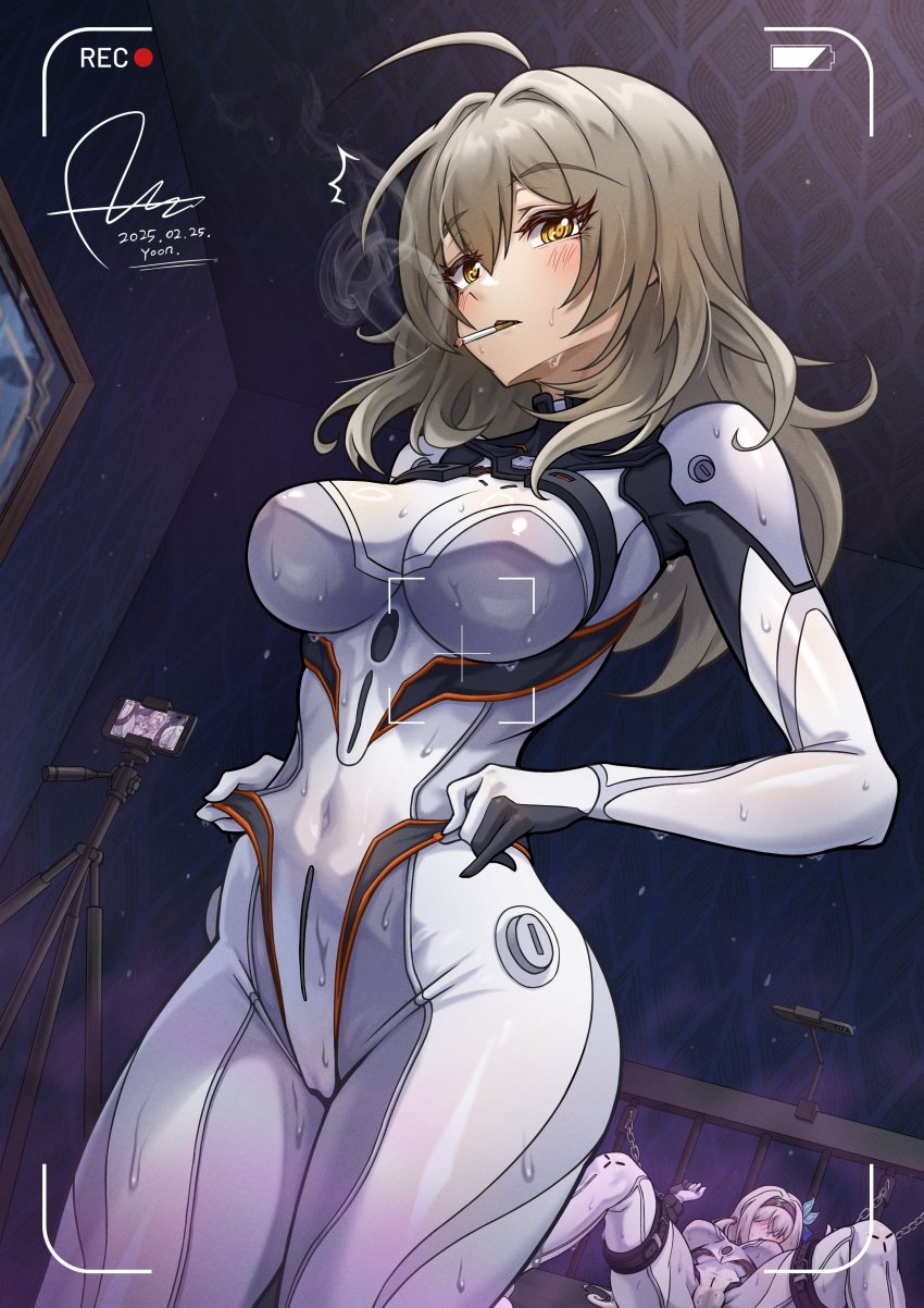 2girls absurdres after_sex blush bodysuit bondage bondage bound breasts brown_eyes chains cigar cowboy_shot dasoin dated firefly_(honkai:_star_rail) grey_hair highres honkai:_star_rail honkai_(series) large_breasts mecha_pilot_suit multiple_girls plugsuit pussy_juice recording signature smoking stelle_(honkai:_star_rail) sweat trailblazer_(honkai:_star_rail) white_bodysuit yuri