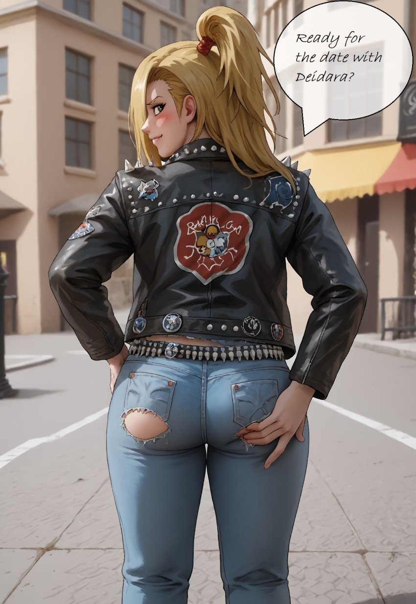 1boy ai_generated behind_view blonde_hair blue_eyes blush deidara femboy femboy_focus fishnets goth jeans leather leather_jacket male male_only naruto naruto_(series) pierced_nipples pleasure_face ripped_clothing sissy smile thighs_waist