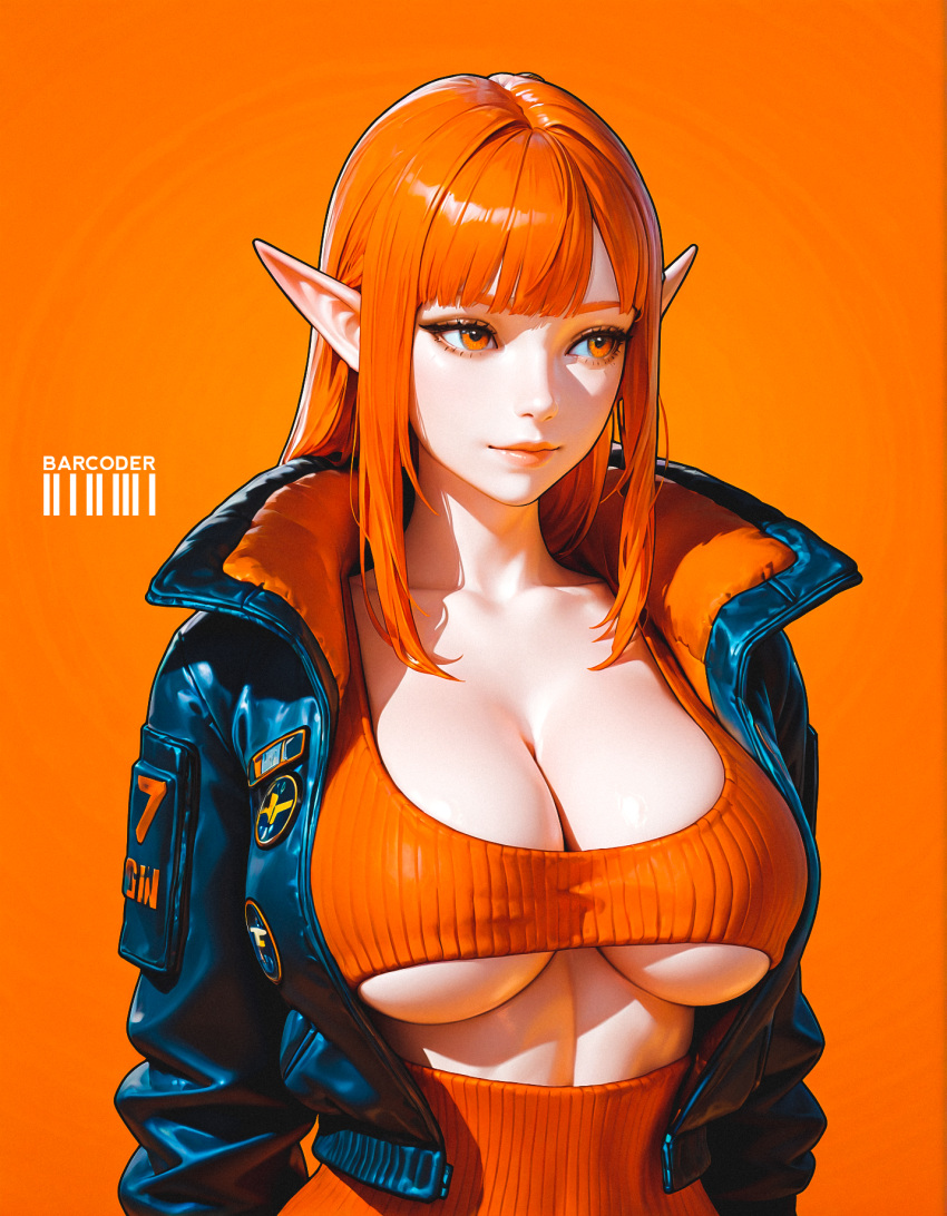 ai_generated barcoder bomber_jacket cleavage elf elf_ears large_breasts original underboob