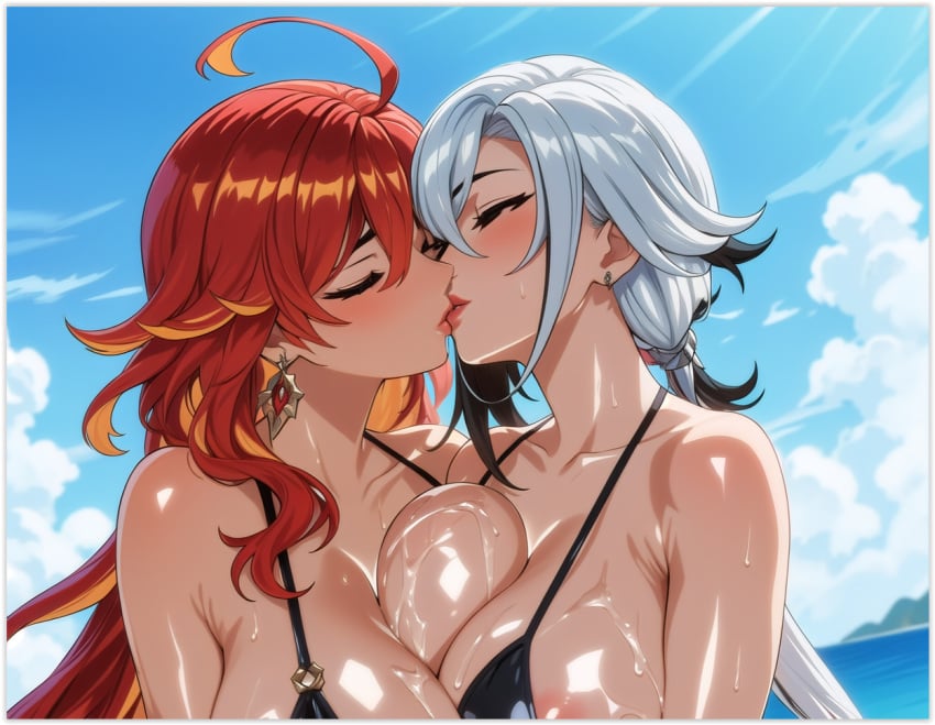 2females 2girls 2milfs 2women ai_generated arlecchino_(genshin_impact) flirting genshin_impact girl_on_girl kissing lesbian_couple lesbian_domination lesbian_kiss lesbian_sex lovers mavuika_(genshin_impact) vvri_(ai) yuri