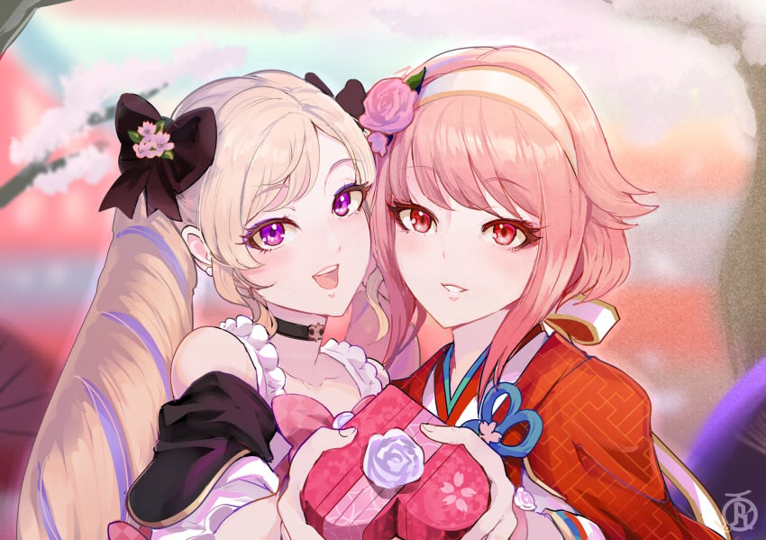 2girls alternate_costume blonde_hair bow box cherry_blossoms dress drill_hair elise_(fire_emblem) elise_(valentine)_(fire_emblem) female female_only fire_emblem fire_emblem_fates fire_emblem_heroes gift hair_bow hairband heart-shaped_box highres japanese_clothes kimono looking_at_viewer multiple_girls offering official_alternate_costume open_mouth pink_hair purple_eyes red_eyes revolverwingstudios sakura_(fire_emblem) sakura_(valentine)_(fire_emblem) short_hair smile twin_drills upper_body valentine white_hairband