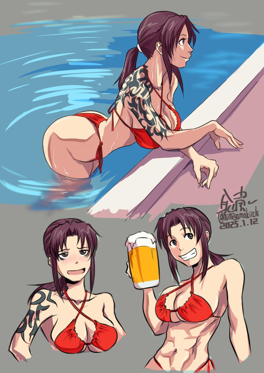 1girls abs ass beer bikini black_lagoon breasts brown_eyes cleavage collage criss-cross_halter dated grin large_breasts long_hair low_ponytail mimiyama_kiichi partially_submerged pool poolside purple_hair red_bikini revy shoulder_tattoo side-tie_bikini side-tie_bikini_bottom solo tattoo thong thong_bikini toned toned_female underboob wading wet