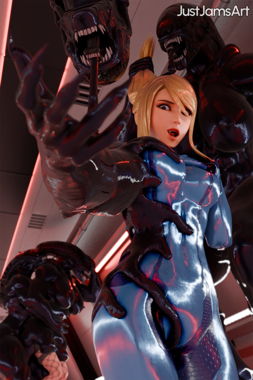 3d alien alien_(franchise) assimilation big_breasts claws corruption fangs goop group justjamsart metroid mid-transformation nintendo samus_aran sharp_teeth symbiote transformation xenomorph zero_suit zero_suit_samus