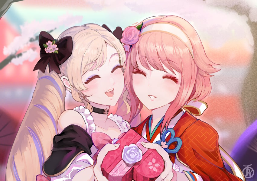 2girls alternate_costume blonde_hair bow box cherry_blossoms closed_eyes dress drill_hair elise_(fire_emblem) elise_(valentine)_(fire_emblem) female female_only fire_emblem fire_emblem_fates fire_emblem_heroes gift hair_bow hairband happy heart-shaped_box highres japanese_clothes kimono looking_at_viewer multiple_girls offering official_alternate_costume open_mouth pink_hair revolverwingstudios sakura_(fire_emblem) sakura_(valentine)_(fire_emblem) short_hair smile twin_drills upper_body valentine white_hairband