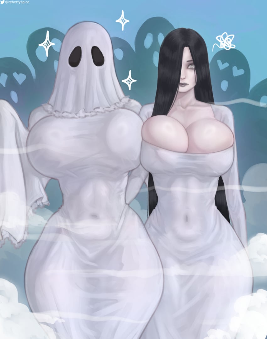 2girls absurd_res artwork_(digital) black_hair breasts breasts_bigger_than_head breasts_out_of_bikini breasts_out_of_clothes creepypasta curvy curvy_female curvy_figure curvy_hips digital_drawing_(artwork) digital_media_(artwork) duo duo_female duo_focus female female/female female_focus female_only ghost ghost_girl ghost_sheet hair_over_one_eye hi_res huge_breasts huge_thighs large_breasts long_sleeves mature mature_female mature_woman milf multiple_girls original_artwork pale-skinned_female pale_eyes pale_skin pubic_hair rebertyspice sadako_yamamura sheet_ghost standing the_ring thick thick_thighs tight_clothing twitter_username voluptuous white_dress yamamura_sadako