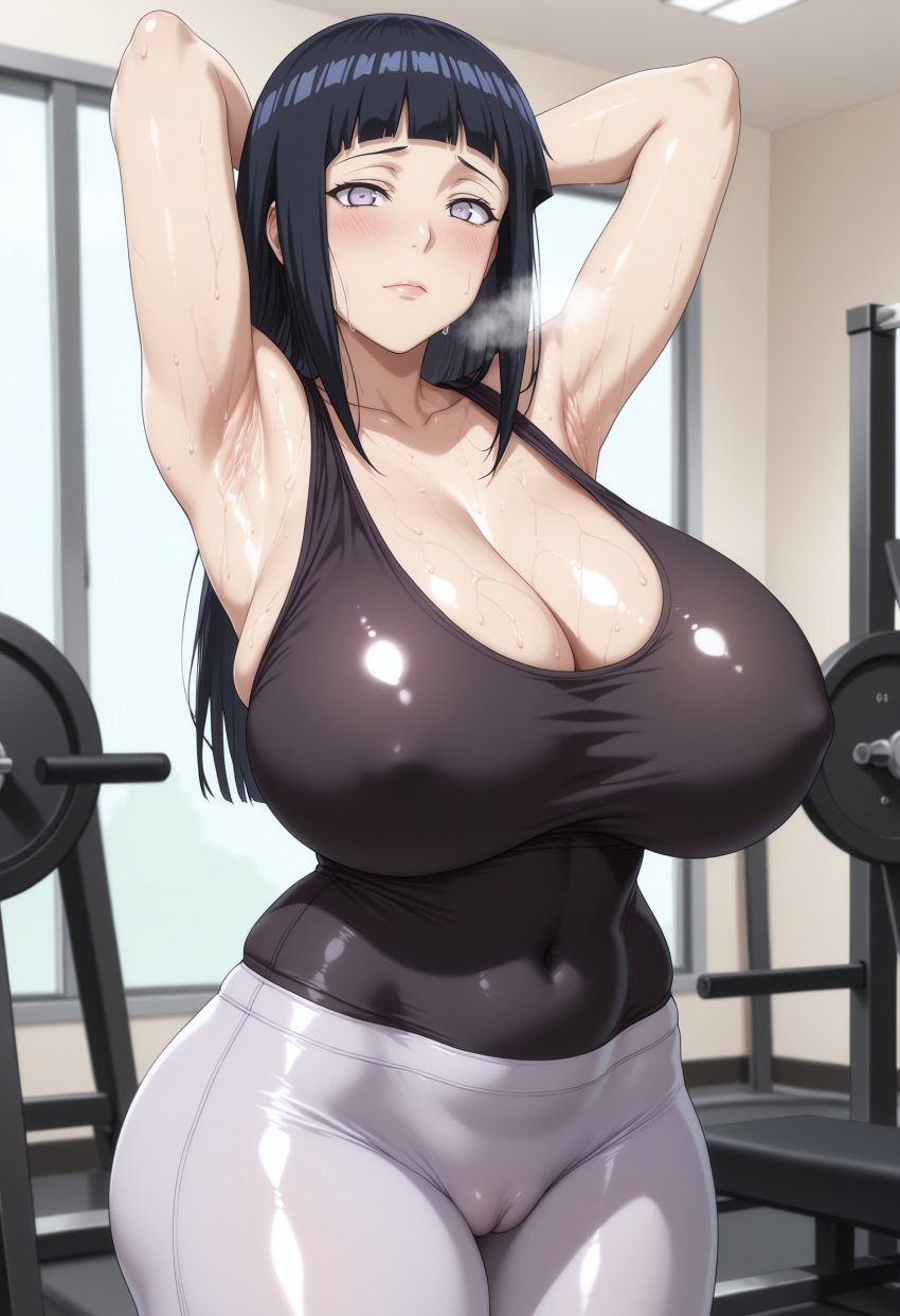 ai_generated and andleggings armpit_fetish armpits bare_shoulders big_ass big_breasts big_hips curvy gym gym_uniform hands_behind_head huge_breasts hyuuga_hinata kikia1 leggings long_hair mature mature_female milf naruto naruto_(series) naruto_shippuden neckline presenting_armpit purple_hair shirt wide_hips