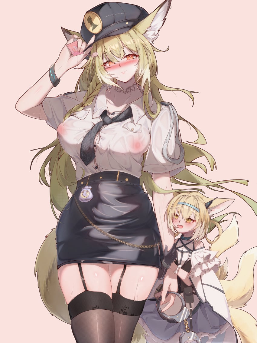 1girls 2girls aged_up animal_ears arknights female hao_tongxue mother_and_daughter nipple_outline older_female see-through skirt suzuran_(arknights) thighs uniform vulpisfoglia_(arknights)