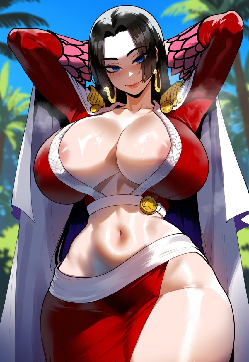 ai_generated arms_behind_head ass ass_focus big_ass big_breasts big_butt big_thighs black_hair blue_eyes boa_hancock cleavage closed_mouth clothing curvy curvy_female curvy_figure dijiai dress female female_only focus from_front_position front_view hourglass_figure long_hair looking_at_viewer midriff navel nipple_outline nsfw one_piece outdoors pose round_ass round_butt sky smiling standing steam steaming_body thiccwithaq_(ai_style) thick thick_ass thick_butt thick_legs thick_thighs thighs wide_hips