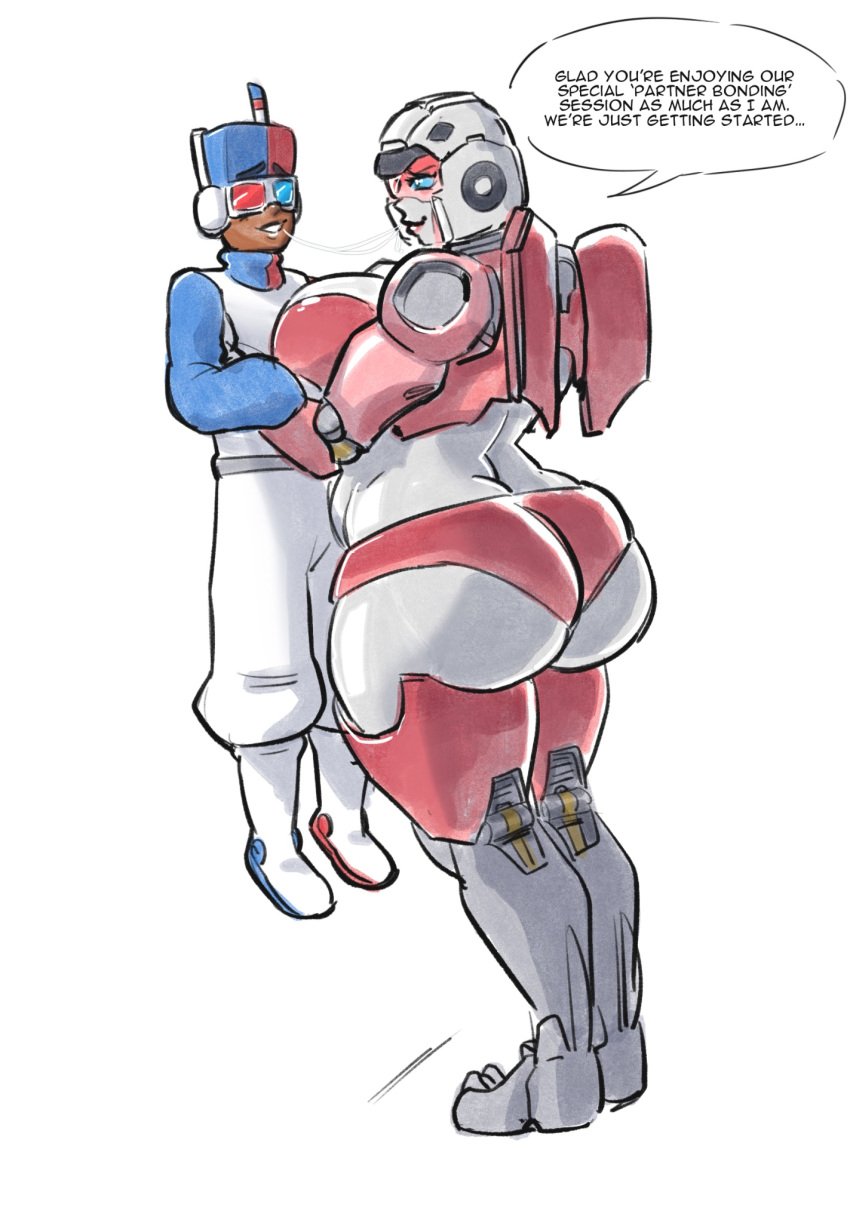 1boy 1girls 2d 2d_(artwork) alien alien_girl arcee arcee_(g1) ass ass big_ass big_breasts big_breasts big_butt breasts breasts commission couple cybertronian dark-skinned_male dark_skin donut_doodles drool female height_difference human human_male implied_kiss large_ass large_boobs large_breasts large_butt male picked_up robot robot_girl size_difference transformers