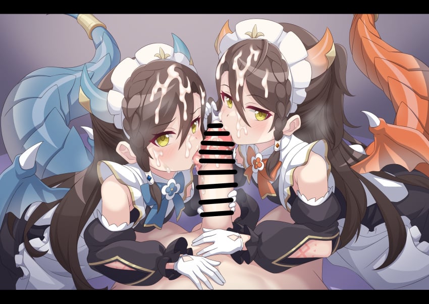 2girls absurdres apron bar_censor black_dress black_sleeves blue_bow blue_bowtie blue_horns blue_tail blue_wings bow bowtie braid censored clothed_female_nude_male cooperative_fellatio cum cum_on_body cum_on_hair detached_sleeves dragon_girl dragon_horns dragon_tail dragon_wings dress erection facial fellatio ffm_threesome gloves group_sex highres horns large_penis licking licking_penis lind_(princess_connect!) long_hair looking_at_viewer maid maid_apron maid_headdress miyamori727 multiple_girls nude one_side_up oral penis precum princess_connect! puffy_sleeves red_bow red_bowtie red_wings shimaidon_(sex) siblings sisters straight tail teamwork_(sexual) threesome tongue tongue_out twins white_apron white_gloves wings wurm_(princess_connect!) yellow_eyes