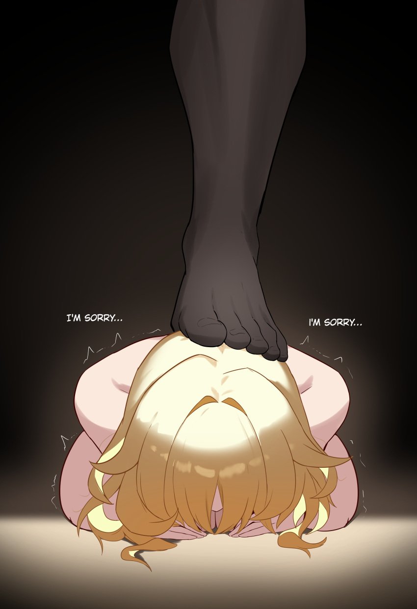 1boy 1girls absurd_res absurdres aglaea_(honkai:_star_rail) apologizing blonde_hair bnwo dark-skinned_male defeated dialogue dogeza english_text female femsub head_down honkai:_star_rail honkai_(series) hoyoverse humiliation interracial light-skinned_female lord_dante male maledom mihoyo naked naked_dogeza on_knees stepped_on stepping_on_head