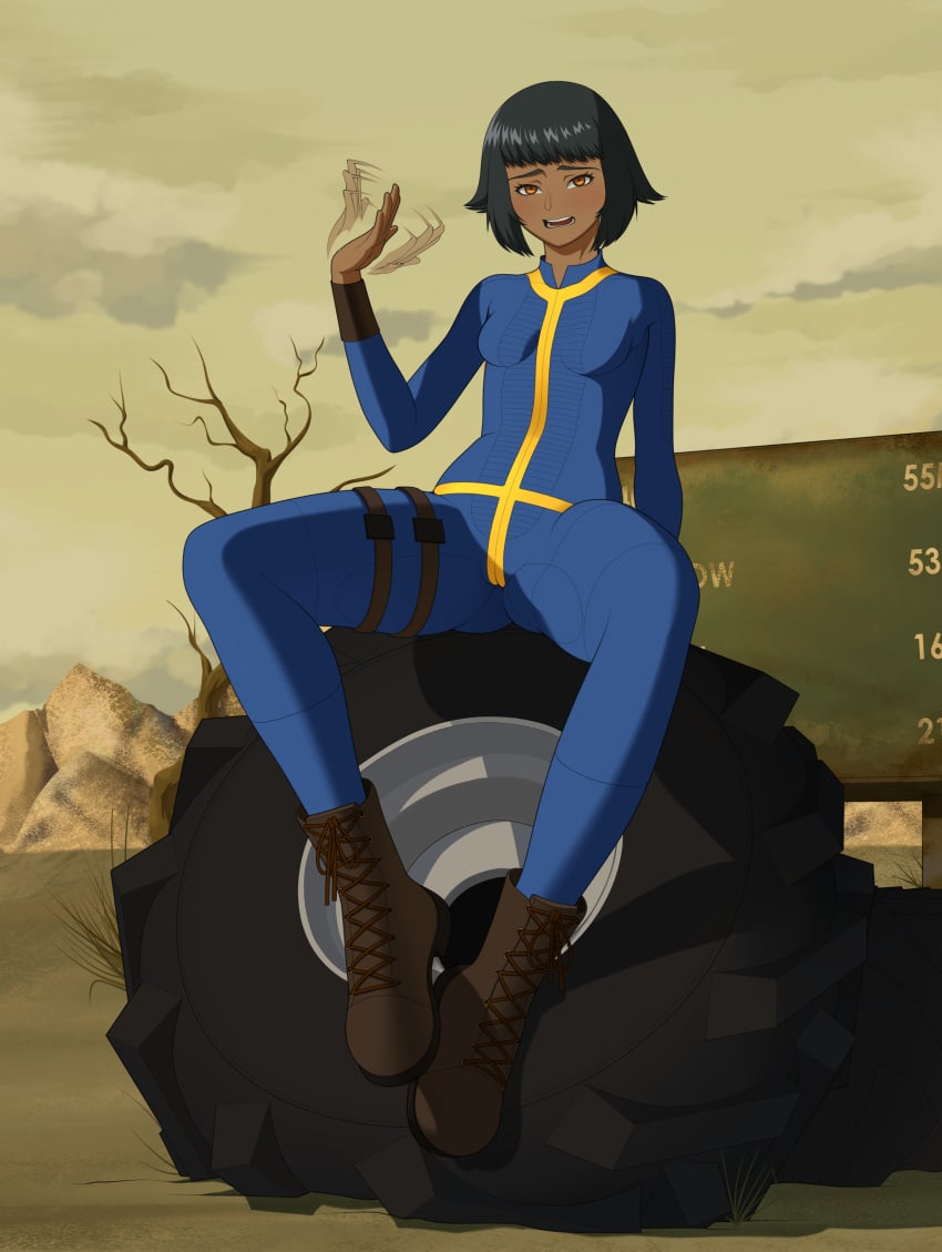 arianne bodysuit boots clothed commission dark-skinned_female dark_skin desert fallout fallout_(series) fanning_self hot legs_apart legs_spread medium_breasts mia-b013 native_american native_american_female tight_clothing vault_dweller vault_girl vault_suit wasteland