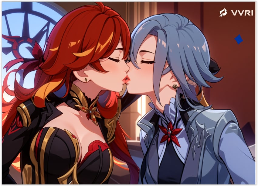 2females 2girls 2milfs 2women ai_generated arlecchino_(genshin_impact) flirting genshin_impact kissing lesbian_couple lesbian_kiss lovers mavuika_(genshin_impact) vvri_(ai) yuri