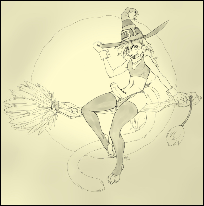 1boy 2016 anthro broom clothed clothing crossdressing erection feline fur hair halloween hat holidays legwear looking_at_viewer magic_user male male_only mammal moon penis quadra simple_background sketch solo uncut witch witch_hat