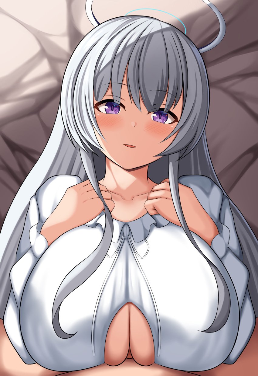 1boy 1girls bed_sheet blue_archive blush breast_window breasts clothed_female_nude_male eyebrows_visible_through_hair grey_hair halo huge_breasts light-skinned_female light-skinned_male light_skin male_pov mero_en_e millennium_science_school_student noa_(blue_archive) noa_(pajamas)_(blue_archive) on_bed pajamas pov purple_eyes seminar_(blue_archive)