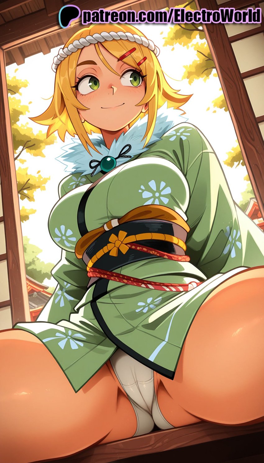 1girls 2025 ai_generated artist_name autumn autumn_leaves blonde_hair blush breasts breasts breasts bust chest electroworld female green_eyes hair_ornament hanabi_(senran_kagura) hi_res high_quality high_resolution highres indoors japanese_clothes kimono legs_apart legs_spread looking_at_viewer obi open_legs orange_sky panties patreon patreon_username sash senran_kagura senran_kagura_(series) shouji sitting sky sliding_doors smile solo splayed_legs spread_legs stable_diffusion sunset torii tree underwear watermark white_panties window