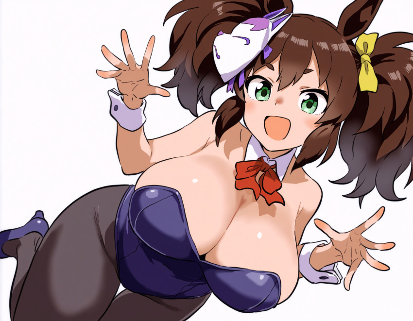 ai_generated animal_ears big_breasts brown_hair bunny_girl bunnysuit female green_eyes hair_accessory hair_ornament horse_girl inari_one_(umamusume) twintails umamusume umamusume_pretty_derby