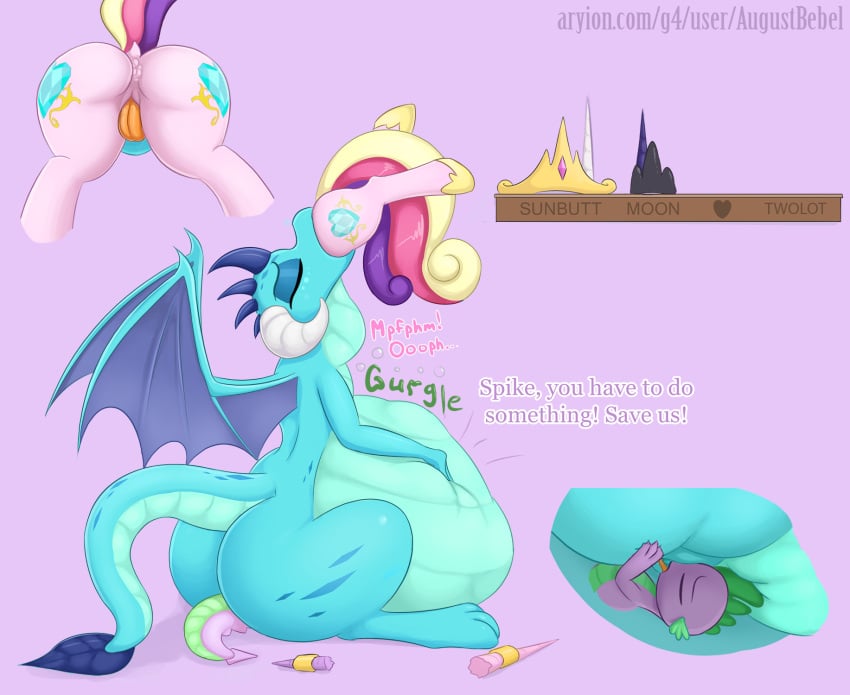 alicorn augustbebel belly big_belly blue_scales claws cutie_mark dragon english_text equine fangs feathered_wings feathers female friendship_is_magic green_eyes group hair horn male mammal membranous_wings multicolored_hair my_little_pony oral_vore overweight princess_cadance_(mlp) princess_ember_(mlp) pussy red_eyes reptile scales scalie simple_background smile spike_(mlp) straight swallowing text thick_thighs tongue tongue_out vore wings