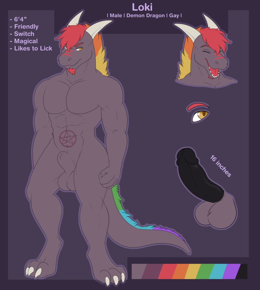 abs anthro balls biceps black_penis circumcised demon digital_media_(artwork) dragon erection glans hi_res humanoid_penis loki_rel_zephyr male model_sheet muscular muscular_male nude pecs penis slushee stated_homosexuality