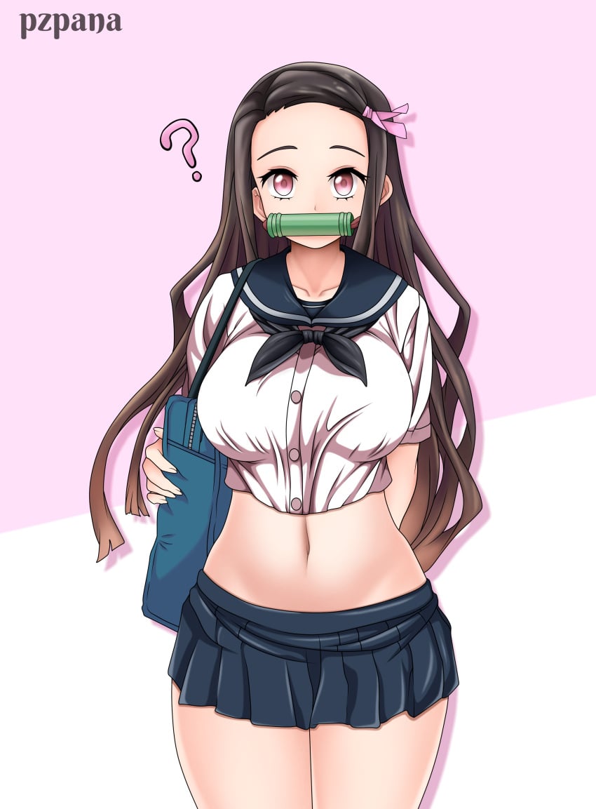 1girls bit_gag black_hair blue_skirt breasts demon_slayer eyes female female_only gagged kamado_nezuko kimetsu_no_yaiba large_breasts long_hair looking_at_viewer midriff navel pink pzpana ribbon_in_hair school_bag school_uniform shirt shoulder_bag skirt white_shirt