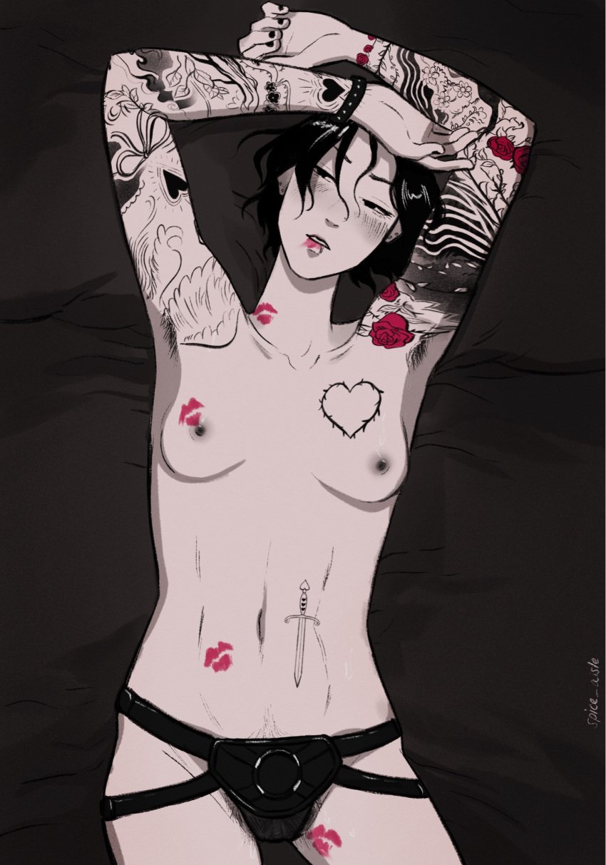 2d 2d_(artwork) 2d_artwork abs armpit_hair armpits arms_up black_hair butch flirting_look heartstrings_(series) lipstick_mark lipstick_marks lipstick_on_breast lipstick_on_stomach lipstick_on_thighs lying_on_back lying_on_bed masculine_female monochrome pierced_lip piercings pubic_hair ro_cambria_(heartstrings) seductive_look seductive_pose short_hair small_breasts smudged_lipstick solo solo_female solo_focus spice_aisle strap-on tattoo_on_belly tattoo_on_chest tattooed_arm tattoos toned_stomach