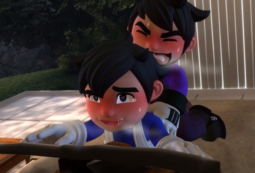 2boys air blush blushing_face blushing_male breathing_heavily heart-shaped_pupils heart_eyes male messy_hair on_bed render rough_sex smg3 smg34 smg4 smg4_(character) sweating toony young