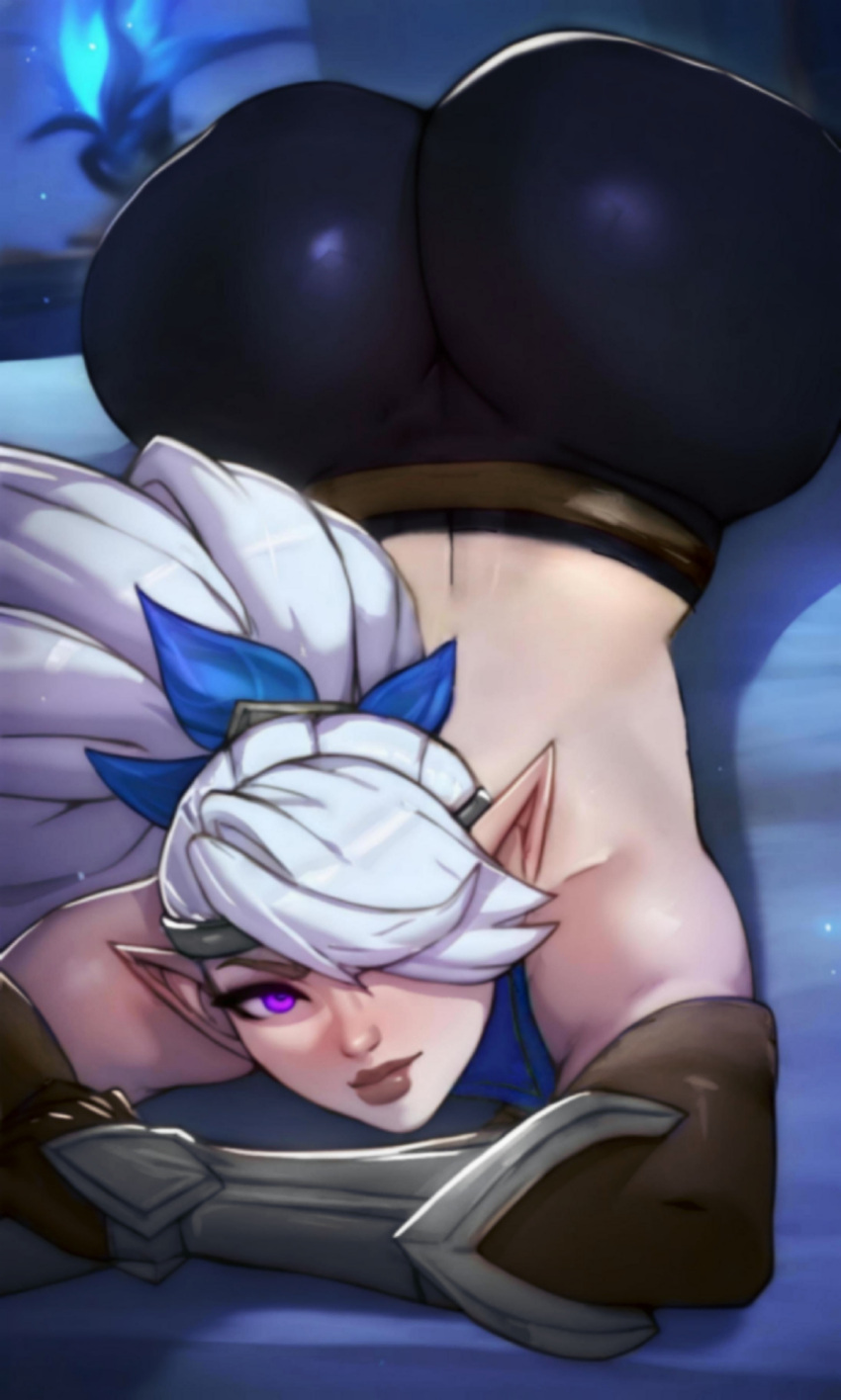 1girls ai_generated ass_focus big_ass black_legwear blowjob blue_topwear elf female hair_over_one_eye miya miya_(mobile_legends) mobile_legends pixai ponytail white_hair