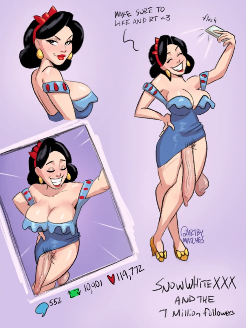 1futa artbymatches black_hair blue_dress dickgirl earrings english_text flaccid_penis futa_only futanari gold_earrings gold_jewelry high_heels huge_cock light-skinned_futanari penis_out posing pubic_hair red_bow red_lipstick sagging_balls selfie smiling snow_white_(disney) solo_futa uncut yellow_high_heels