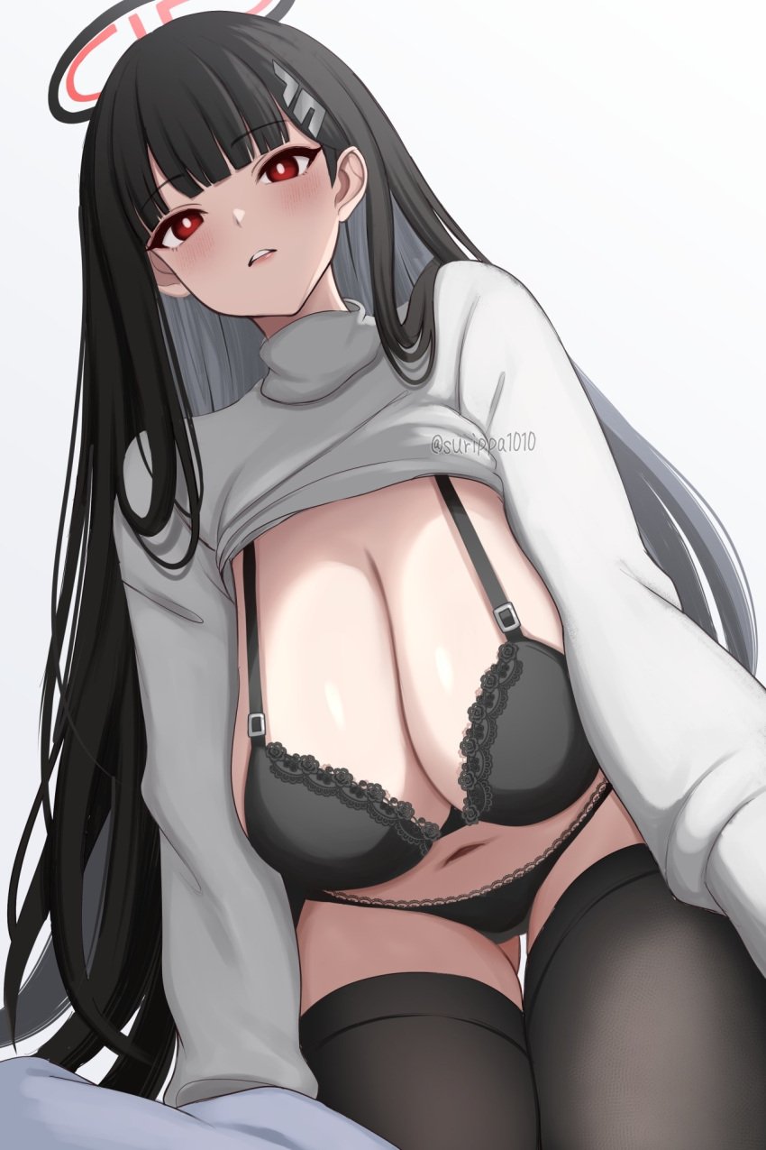 artist_name black_bra black_hair black_halo black_panties black_thighhighs blue_archive blush bra breasts cleavage clothes_lift female gluteal_fold hair_ornament hairpin halo highres huge_breasts long_hair looking_at_viewer millennium_science_school_student navel open_mouth panties red_eyes rio_(blue_archive) seminar_(blue_archive) simple_background solo stomach surippa1010 sweater sweater_lift thick_thighs thighhighs thighs underwear very_long_hair white_background white_sweater