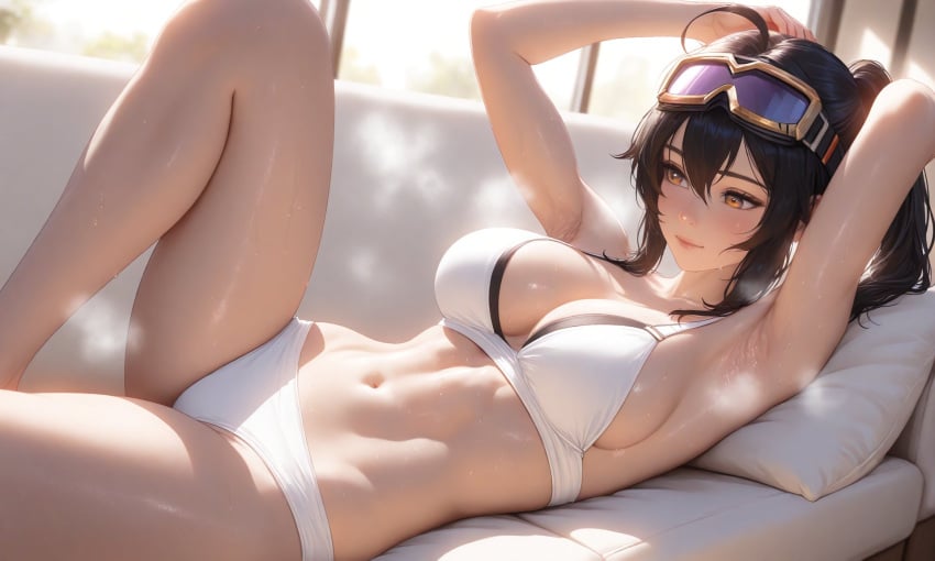 1girls abs ai_generated armpits blush bra exposed_breasts exposed_pussy exposed_torso hands_behind_head hi_res high_resolution highres hoyoverse large_ass large_breasts light-skinned_female long_hair lying lying_on_back lying_on_couch nipples oppai_zone panties pants police police_uniform policewoman ponytail red_eyes red_highlights smile steaming_body steamy_breath streaked_hair thick_ass thick_thighs thighs tied_hair two_tone_hair white_bra white_panties white_pants zenless_zone_zero zhu_yuan