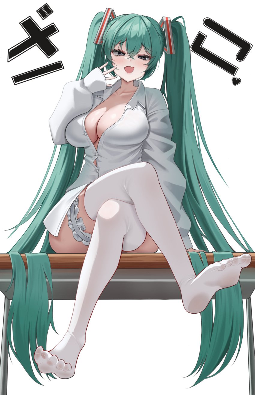 alternate_breast_size aqua_hair blush breasts cleavage collarbone collared_shirt crossed_legs dress_shirt feet female full_body garter_belt grey_eyes hand_up hatsune_miku highres large_breasts long_hair long_sleeves looking_at_viewer mimukauwa_nice_try_(vocaloid) naked_shirt nannanana3939 naughty_face no_shoes oerba_yun_fang open_mouth shirt simple_background sitting skin_fang solo thighhighs twintails very_long_hair vocaloid white_background white_shirt white_thighhighs