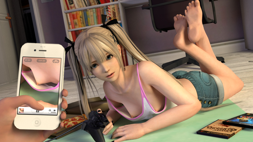 3d areolae bare_legs bare_shoulders barefoot blender blonde_hair blue_eyes breasts cellphone clothed_female crossed_legs dead_or_alive erect_nipples feet feet_up female foot_fetish game_controller highres lying marie_rose nipple_slip nipples no_bra on_stomach open_mouth pants petite photograph pizza playstation revealing shirt shorts soles taking_picture tied_hair toes twintails wadamen xnalara