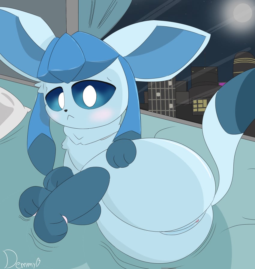 bed bedroom blue_body blue_eyes blue_fur demmy eeveelution female feral fur furniture generation_4_pokemon glaceon hair hi_res night nintendo paws pokemon pokemon_(species) tail