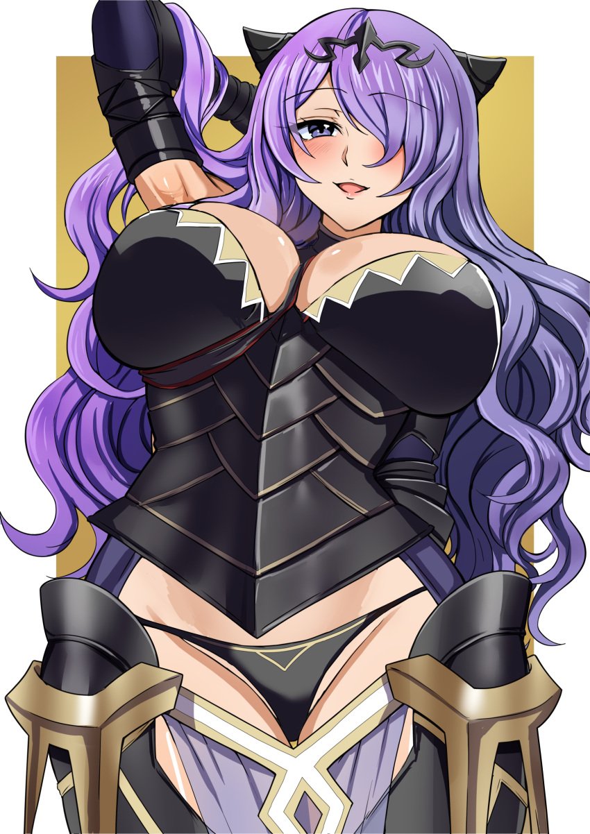 1girls armor black_panties camilla_(fire_emblem) fire_emblem fire_emblem_fates from_below hair_over_one_eye large_breasts looking_at_viewer looking_down nintendo panties purple_eyes purple_hair tara_(szzj7733)