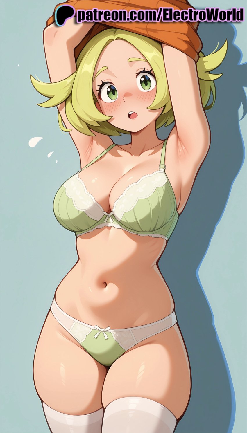 1girls 2025 ai ai_assisted ai_generated anime anime_girl anime_style armpits arms_up artist_name average_breasts bianca_(pokemon) blonde_hair blush bow bow_bra bra breast breasts bust chest collarbone electroworld female flying_sweatdrops game_freak green_bra green_eyes green_panties hat hi_res high_quality high_resolution highres medium_boobs medium_breasts navel nintendo normal_boobs normal_breasts open_mouth panties patreon patreon_username plump pokemon pokemon_bw skindentation solo stable_diffusion surprised thick_thighs thighhighs thighs underwear undressing watermark white_legwear wide_hips