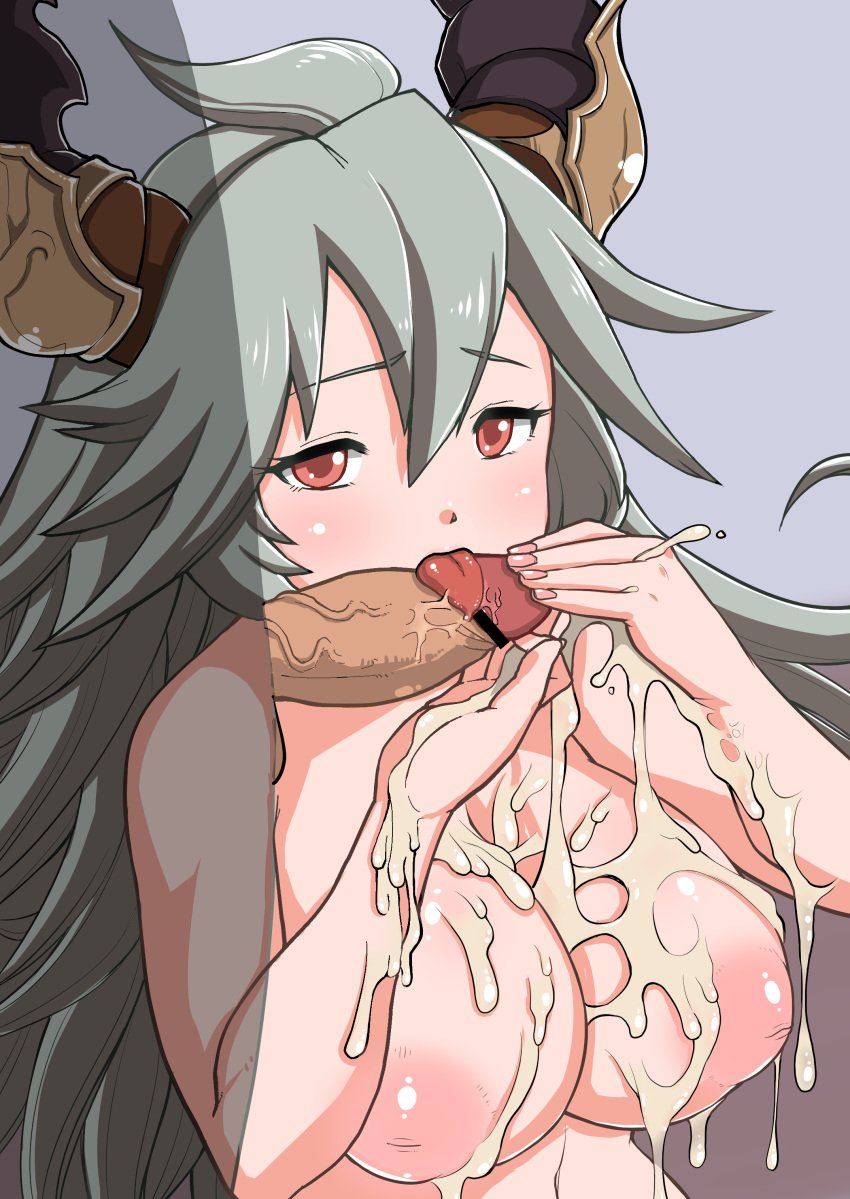 absurdres ahoge bangs bar_censor blush breasts censored cum cum_on_body cum_on_breasts cum_on_upper_body doraf ejaculation eo_masaka eyebrows eyebrows_visible_through_hair female granblue_fantasy grey_hair hair_between_eyes highres horns inverted_nipples large_breasts licking long_hair nude penis penis_lick pointless_censoring puffy_nipples red_eyes solo_focus threo_(granblue_fantasy) tongue tongue_out veins veiny_penis